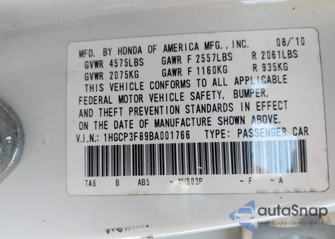 2011 Honda Accord 3.5 Ex-L z USA, uszkodzony, nr VIN 1HGCP3F89BA001766